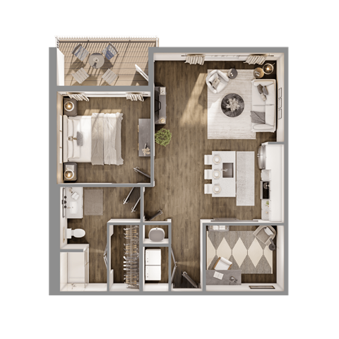 Floor plan for 1 bed, 1 bath, 827 sqft